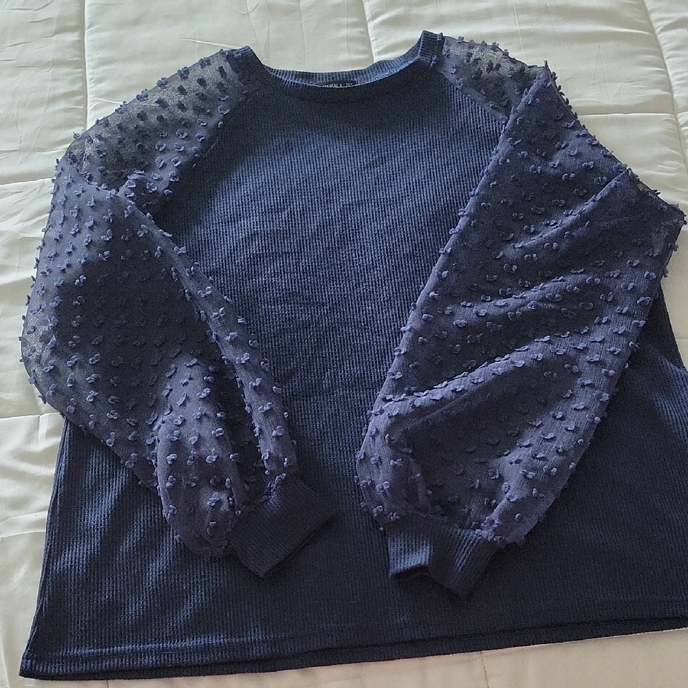 Navy Blue Crew Neck Sweater with Textured Sleeves